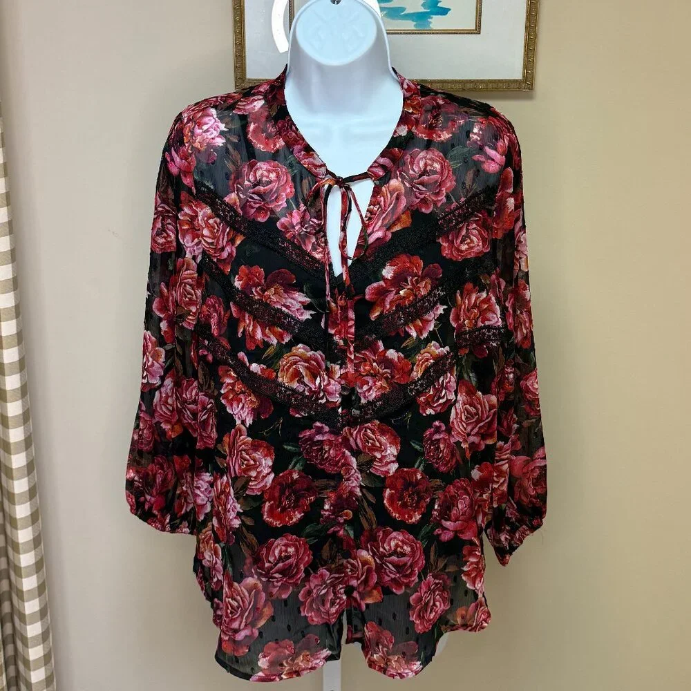 Rose Pattern Button down Blouse - Picture 1 of 4
